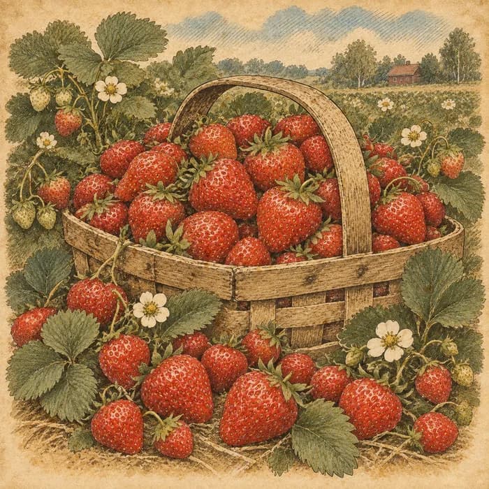 Illustration av en korg fylld med röda jordgubbar bland blad och vita blommor