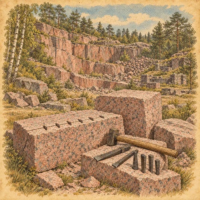 Illustration av rosenröd granit och stenhuggarverktyg i ett skogbevuxet stenbrott