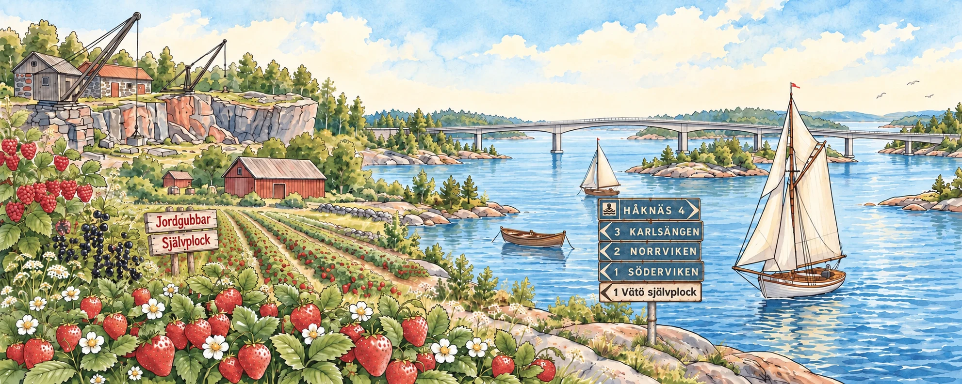 Akvarellillustration av Vätö: jordgubbar och bärbuskar vid en självplocksskylt, en vägvisare på strandklipporna, stenhuggeri och båtar på sundet under en bro som binder samman stränderna